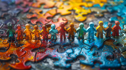 A group of colorful people standing in front of a puzzle. - obrazy, fototapety, plakaty
