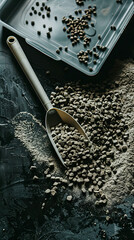 A scoop of coffee beans on a table. - obrazy, fototapety, plakaty