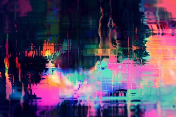 Digital glitch art with distorted pixels and vibrant colors, suited for tech and music themes