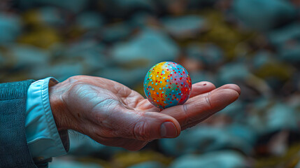 A man holding an easter egg in his hand. - obrazy, fototapety, plakaty