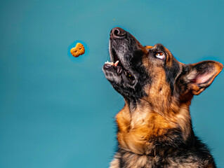 A german shepherd dog looking up at a cookie. - obrazy, fototapety, plakaty