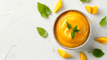 Bowl with tasty mango sauce on white background