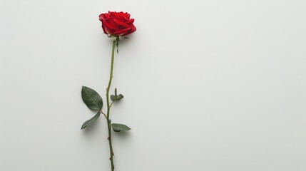 A vibrant red rose with a long stem stands out against a pure white background