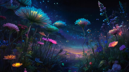 Fototapeta premium A beautiful fairytale enchanted forest at night with a big moon in the sky illuminating trees and great vegetation. 