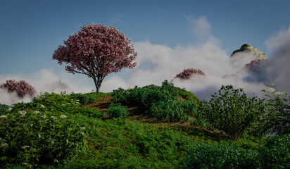 enchanted cherry blossoms: a foggy spring morning - 3d illustration