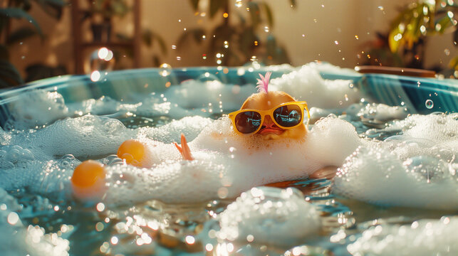 A Playful Tweety Relaxing in Sunglasses in a Bubble-Filled Hot Tub Under the Sun