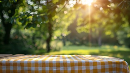 A close shot of an empty picnic table with table cloth among nature backdrop with a big space on it for text or product advertisement background, Generative AI.