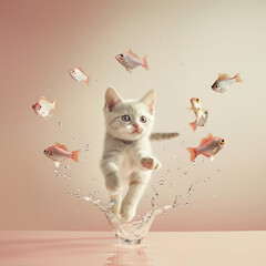 Adorable White Kitten with fish
