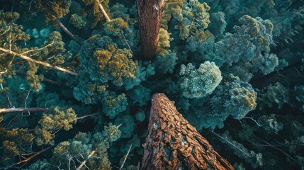 View from the top of a large lush tree in the middle of a green forest. AI generated image