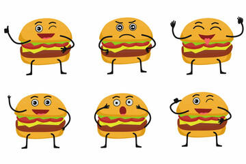 Graphic Vector Illustration Set of Cute Hamburger Characters. Hamburger Emoji Collection