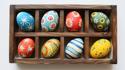 Box with painted Easter eggs on white background