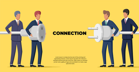 Business connection concept. Businessmen connecting hold plug and outlet in hand