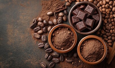 Chocolate and Coffee Beans on Rustic Table