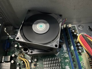 Extreme close up view of a cpu fan
