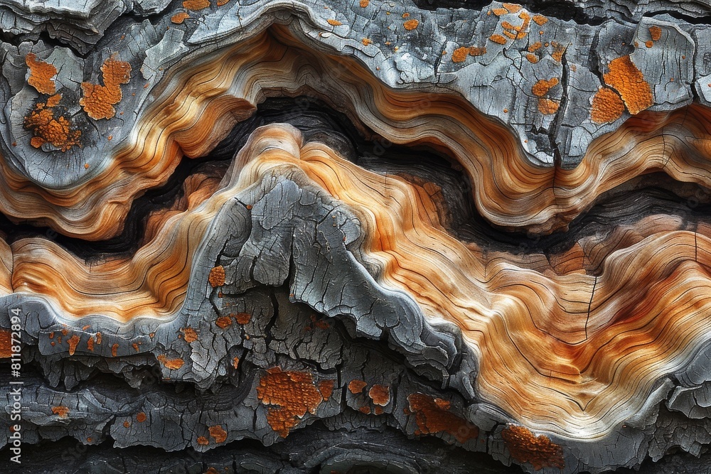 Poster detailed cross-section image capturing the intricate patterns and colors of a layered geological roc