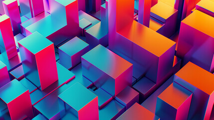 A colorful cityscape made of metal squares. The squares are in different colors and sizes, and they are arranged in a way that creates a sense of depth and dimension. Scene is vibrant and energetic