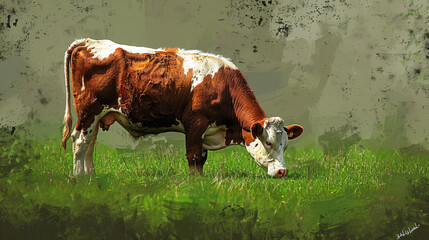 Brindled cow grazing on green pasture
