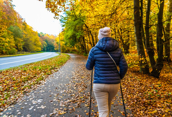 Autumnal Nordic walking - mid-adult beautiful woman exercising in city park using  Nordic walking...