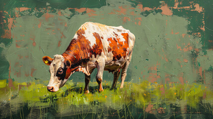 Brindled cow grazing on green pasture