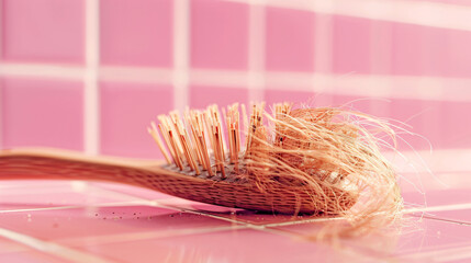 Brush with fallen down hair on pink tile background
