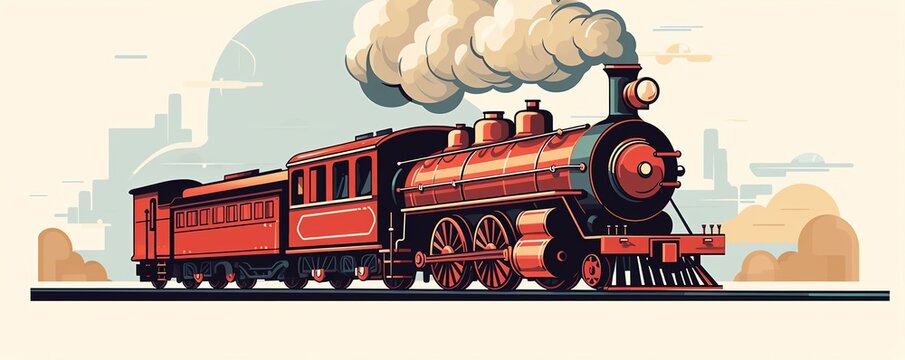 Vintage steam locomotive flat design front view historical theme water color Triadic Color Scheme.