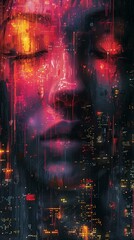 Fototapeta premium Cyberpunk inspired portrait blending a face with vibrant city lights