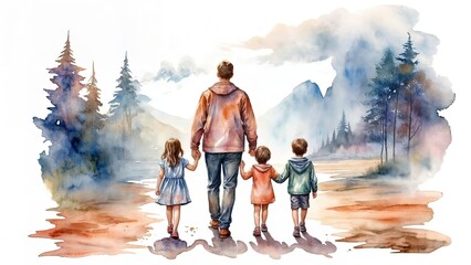 watercolor drawing isolated on a white background father walking hand in hand with his children go to the forest, view from the back