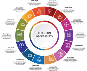 Collection of vector circle chart infographic templates for presentations, advertising, layouts, annual reports. 14 options, steps, parts