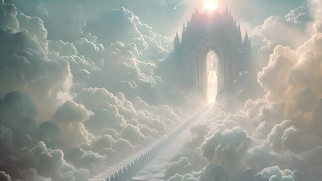 people walking to the light in heaven. Standing in a row waiting to go to heaven in white clouds. Christian prayers are in queue praying to the Jesus. Believe in God 4k video Heaven gate