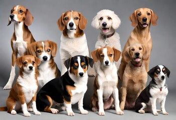 Six Breeds of Dogs Sitting Together: Beagle, Poodle, Alaskan Malamute, Chihuahua, Australian Cattle Dog, Dachshund