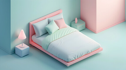 Pastel Minimalist King Bed with Lamp in 3D Isometric