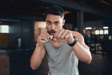 Boxing, portrait and hands of man in gym for exercise challenge, competition or martial arts....