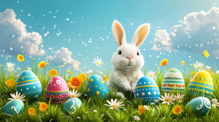 Cute Easter Bunny surrounded by brightly decorated eggs in lush green grass under a clear blue sky.