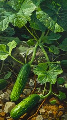 Obraz premium A painting of cucumbers growing in the ground.