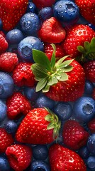 Fototapeta premium A close up of a bunch of strawberries and blueberries.