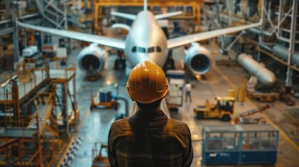 An aircraft mechanic looks at a wide-body airplane in a hangar.