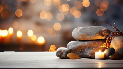 Spa decoration with candle and stones. Spa treatment composition. Spa composition with stones. Spa composition. Spa accessory composition set in spa hotel