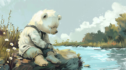 little teddy bear crying by the lake
