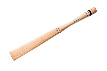 A wooden bat with a black and white design. The bat is long and thin