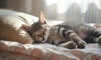 A sweet kitten sleeps on a pillow in bed, nestled in her favorite spot, enjoying an afternoon nap and the warmth of the sun.