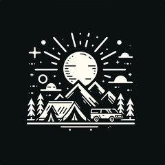 camping vector with flat design style and t shirt design concept black background