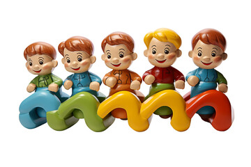 Fototapeta premium Five children are sitting on a rainbow shaped toy. They are all smiling and seem to be having fun