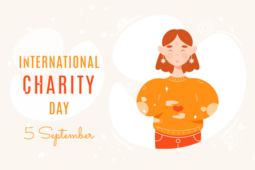 International Charity Day banner with smiling young girl holding heart in her hands. Flat cartoon vector character. Concept of charity. Perfect for horizontal banner, poster, website and so on