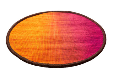 A colorful rug with a brown border. The rug is orange and pink. It is a nice rug to have in a room