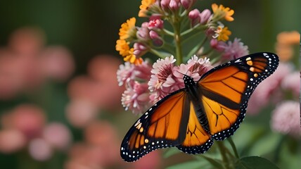 Fototapeta premium A majestic orange monarch butterfly perched delicately on a blooming flower 