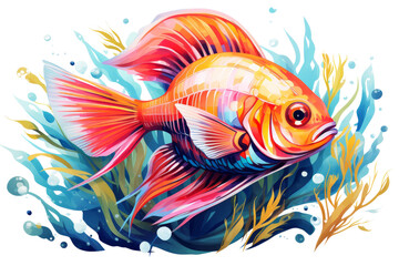 Naklejka premium A colorful fish swimming in a blue ocean with green seaweed. The fish is orange and has a black eye