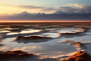 Oasis and Middle Eastern-style buildings flowing through the mysterious sand and salt desert