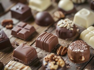closeup photograph showcasing a diverse array of crafted chocolates, each elegantly designed with nuts or smooth textures, arranged meticulously on a vintage wooden surface.