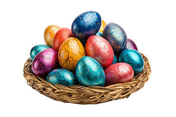 A basket full of colorful eggs with a gold basket underneath. The eggs are of different colors and sizes, and they are arranged in a way that they look like a colorful pile