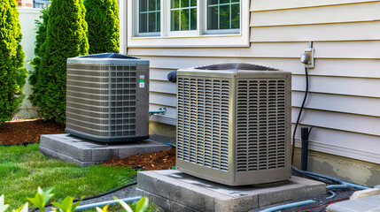 Naklejka premium Two air conditioners sit outside a house.
